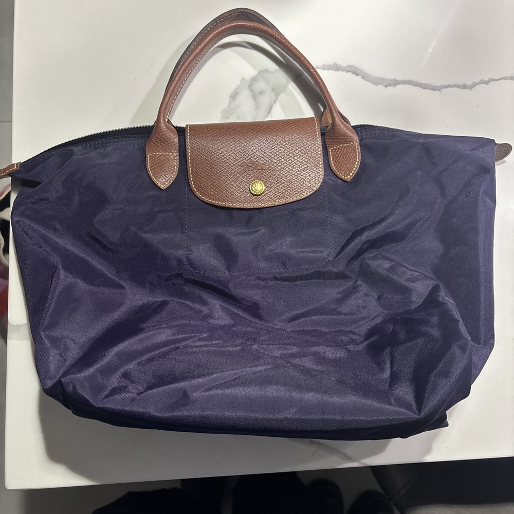 Longchamp Le Pliage Type M Purple Nylon Tote Bag Brown Leather Trim France 1623